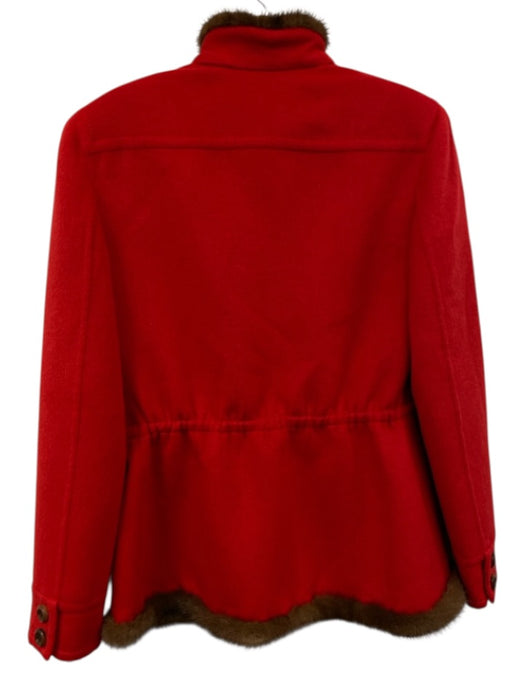 Valentino Size 8 Red & Brown Wool & Cashgora Fur Trim Zip Front Collared Jacket Red & Brown / 8