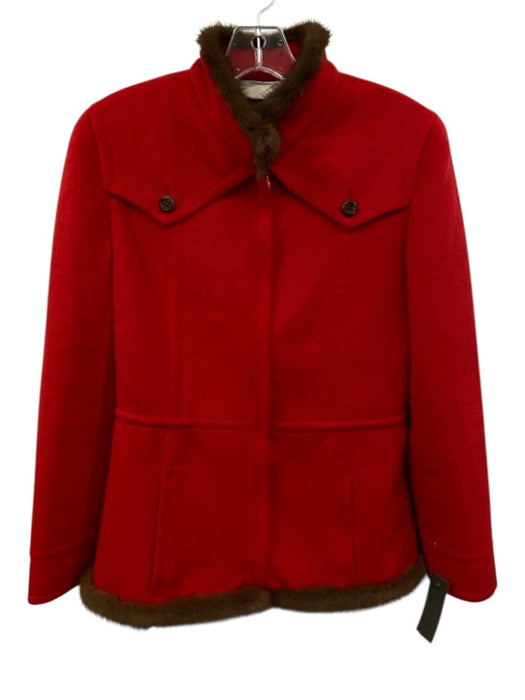 Valentino Size 8 Red & Brown Wool & Cashgora Fur Trim Zip Front Collared Jacket Red & Brown / 8
