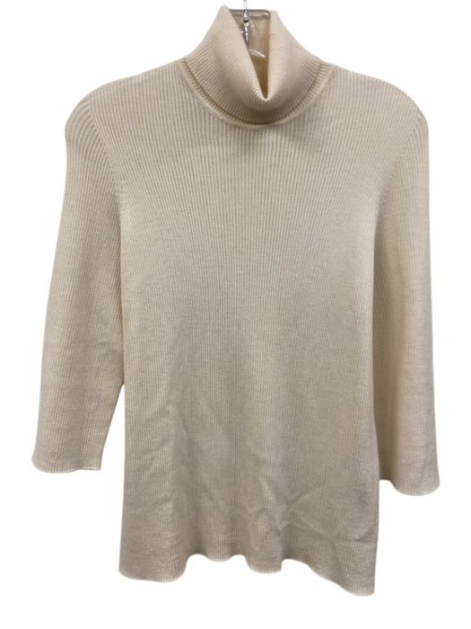 Escada Size 46 Cream White Virgin Wool Ribbed Knit 3/4 Sleeve Turtleneck Sweater Cream White / 46