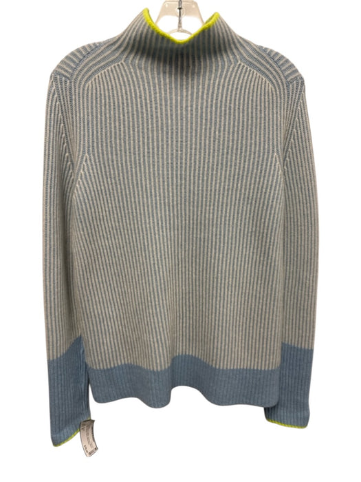 Kinross Size M Blue, White & Yellow Cashmere Ribbed Knit Contrast Edging Sweater Blue, White & Yellow / M