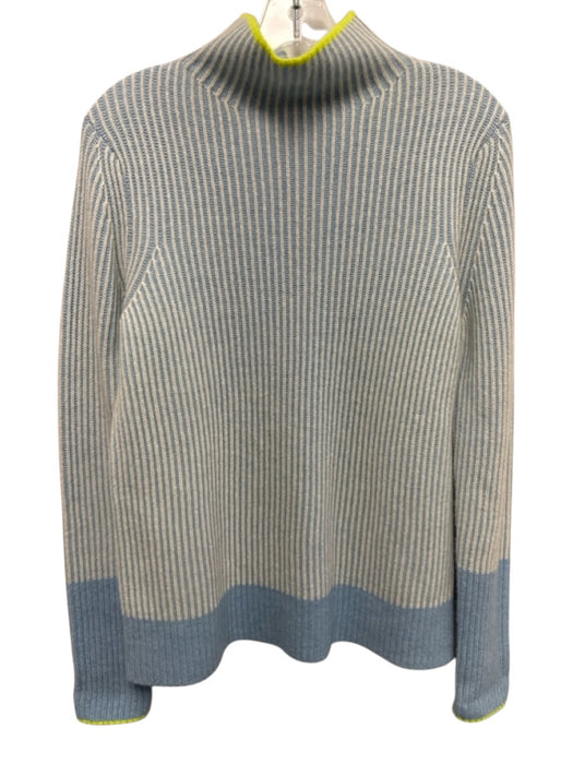 Kinross Size M Blue, White & Yellow Cashmere Ribbed Knit Contrast Edging Sweater Blue, White & Yellow / M