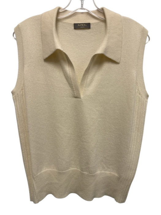 N. Peal Size L Cream White Cashmere Sleeveless Knit Collared V Neck Top Cream White / L