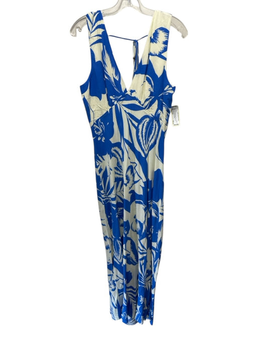 Olivaceous Size Large Blue & Cream White Sleeveless Floral Tie Neck Maxi Dress Blue & Cream White / Large