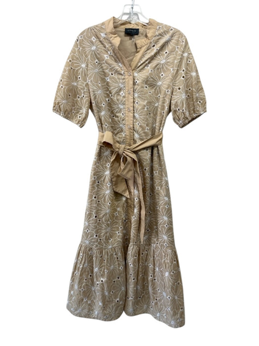 Gracia Size Large Beige & White Polyester Blend Short Sleeve Button Front Dress Beige & White / Large