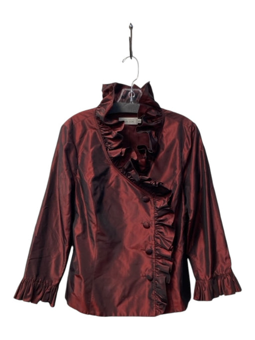 Teri Jon Size 12 Garnet Silk Ruffle Neck Button Front Long Sleeve Evening Jacket Garnet / 12