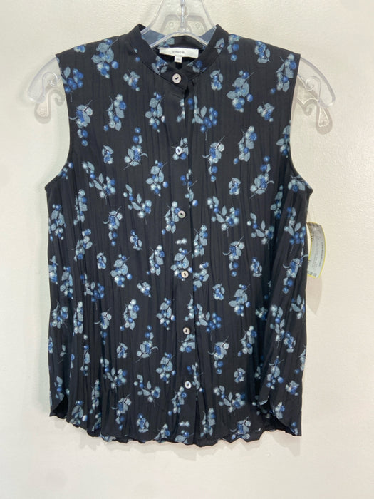 Vince Size XXS Black & Blue Polyester Tank Button Up Pleated Floral Print Top