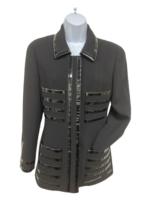 Chanel Size 36 Black Wool Blazer Patent Trim Button Front Stripe Detail Jacket Black / 36