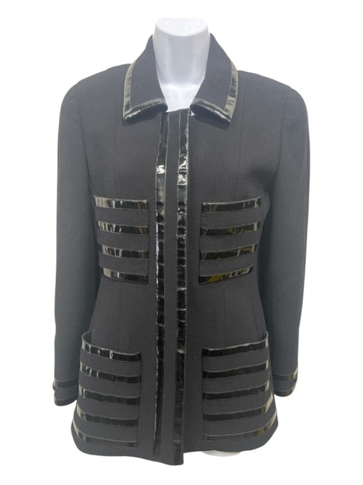 Chanel Size 36 Black Wool Patent Trim Stripe Detail Button Front Blazer Jacket Black / 36