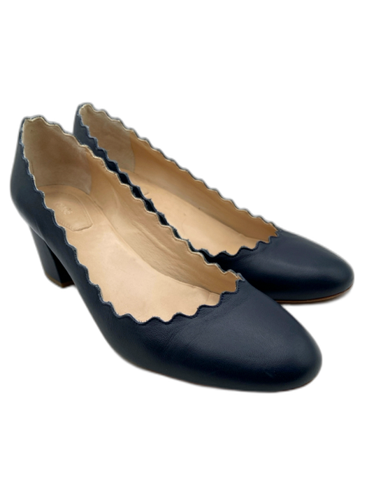 Chloe Shoe Size 38 Slate Navy Leather Scalloped Edge Round Toe Slip On Pumps Slate Navy / 38