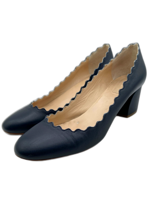 Chloe Shoe Size 38 Slate Navy Leather Scalloped Edge Round Toe Slip On Pumps Slate Navy / 38