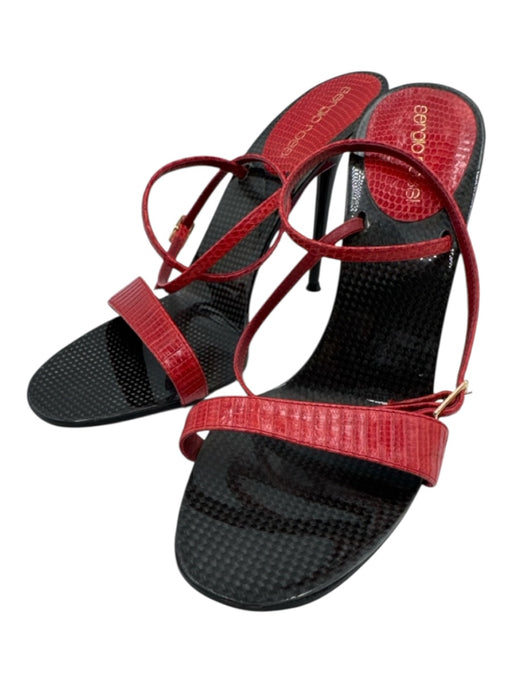 Sergio Rossi Shoe Size 38 Red & Black Snake Embossed Leather Stiletto Sandals Red & Black / 38