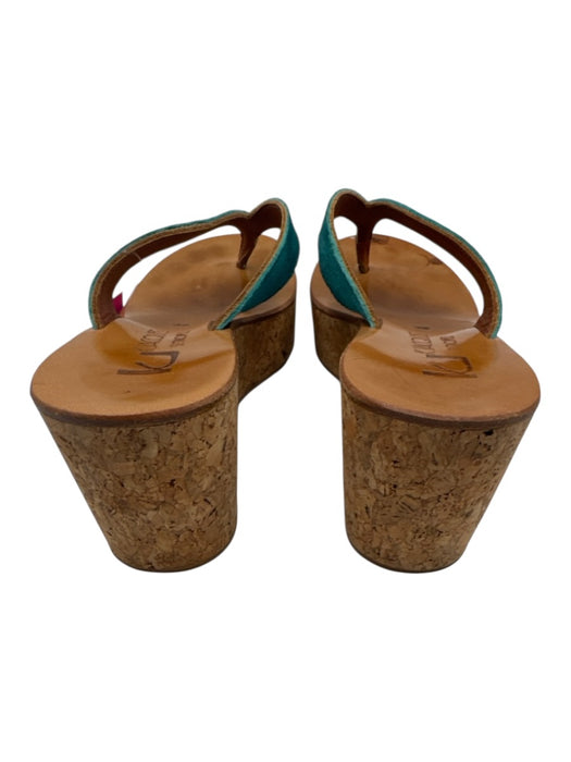 KJacques Shoe Size 38 Teal & Tan Cork Leather Thong Wedge Sandals Teal & Tan / 38