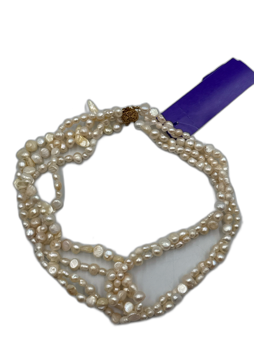 White & Gold Pearls Multi Strand Station Beads Insertion Clasp Necklace White & Gold