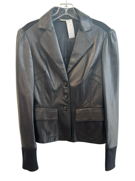 Diane Von Furstenberg Size 8 Black Leather 3 Button Stretch Panels Jacket Black / 8