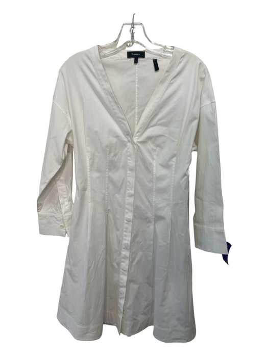 Theory Size 4 White Cotton V Neck Button Front Long Sleeve Seam Detail Dress White / 4