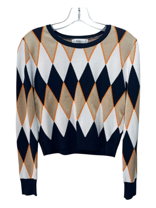 Zara Size S Navy blue, Gold & Orange Polyamide Scoop Neck Long Sleeve Top Navy blue, Gold & Orange / S