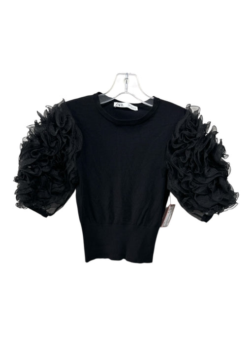 Zara Size M Black Polyester Short Puff Sleeve Ruffle Sleeve Detail Ribbed Top Black / M