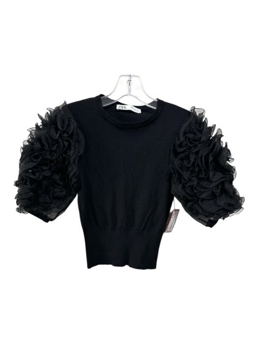Zara Size M Black Polyester Short Puff Sleeve Ruffle Sleeve Detail Ribbed Top Black / M