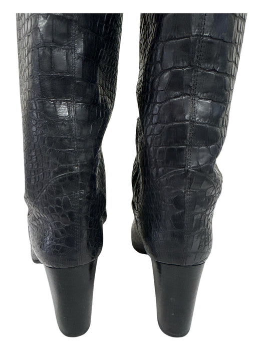 Stuart Weitzman Shoe Size 9 Black Leather Croc Round Toe Stacked Heel Boots Black / 9