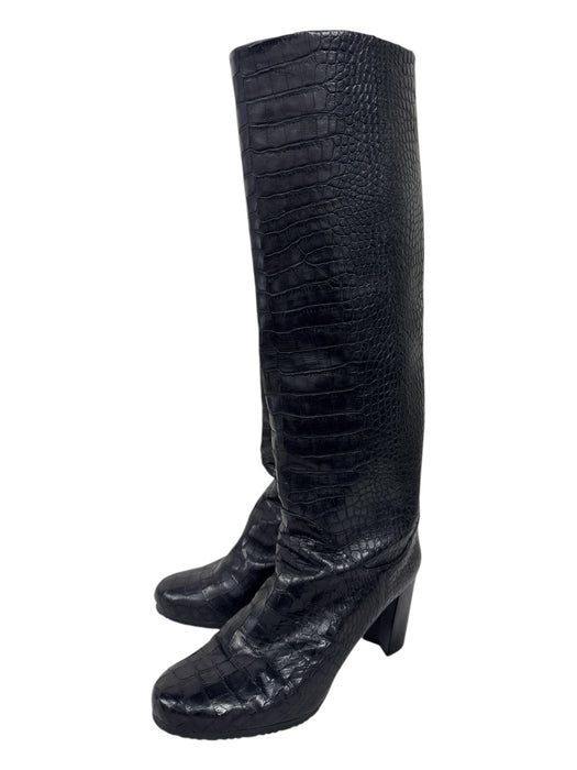 Stuart Weitzman Shoe Size 9 Black Leather Croc Round Toe Stacked Heel Boots Black / 9
