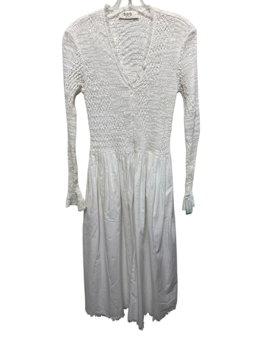 Sea New York Size White Cotton Long Sleeve smocked V Neck Maxi Dress White