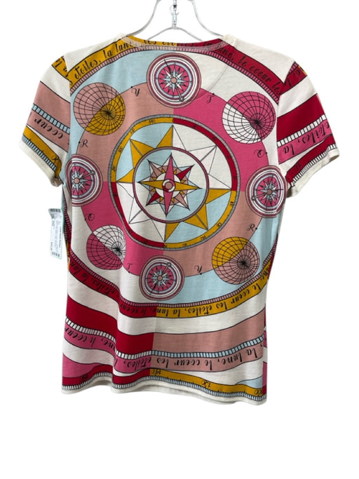 Tory Burch Size XXS White, Pink, Multi Cotton All Over Print T Shirt Logo Top White, Pink, Multi / XXS