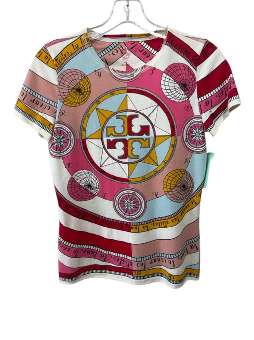 Tory Burch Size XXS White, Pink, Multi Cotton All Over Print T Shirt Logo Top White, Pink, Multi / XXS