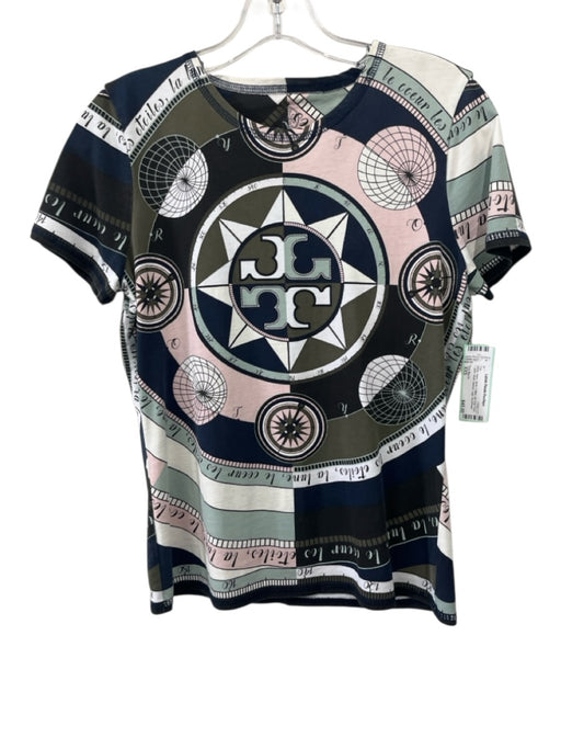 Tory Burch Size XXS White, Navy, Multi Cotton All Over Print T Shirt Logo Top White, Navy, Multi / XXS