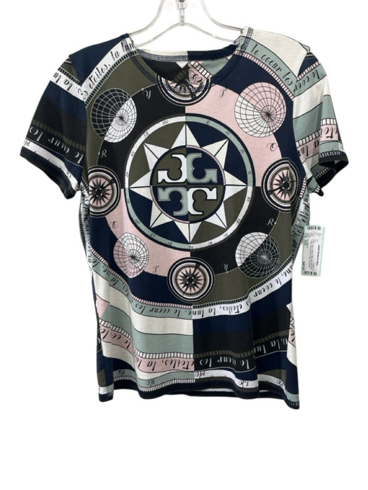 Tory Burch Size XXS White, Navy, Multi Cotton All Over Print T Shirt Logo Top White, Navy, Multi / XXS