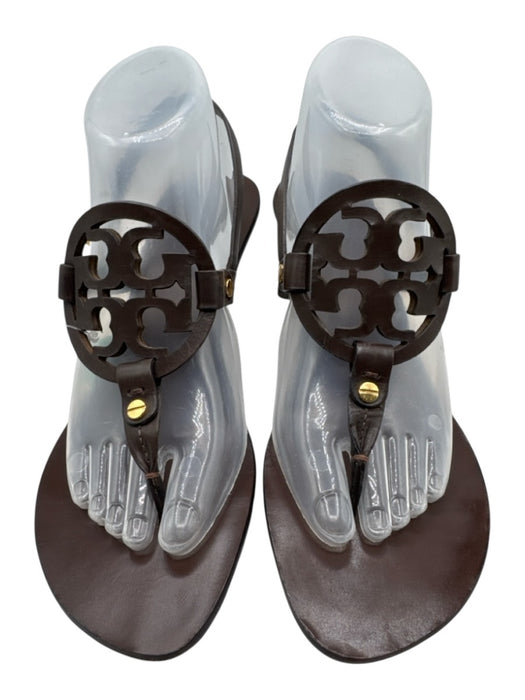 Tory Burch Shoe Size 9.5 Brown Leather Flip Flop Logo Ankle Strap Flats Brown / 9.5
