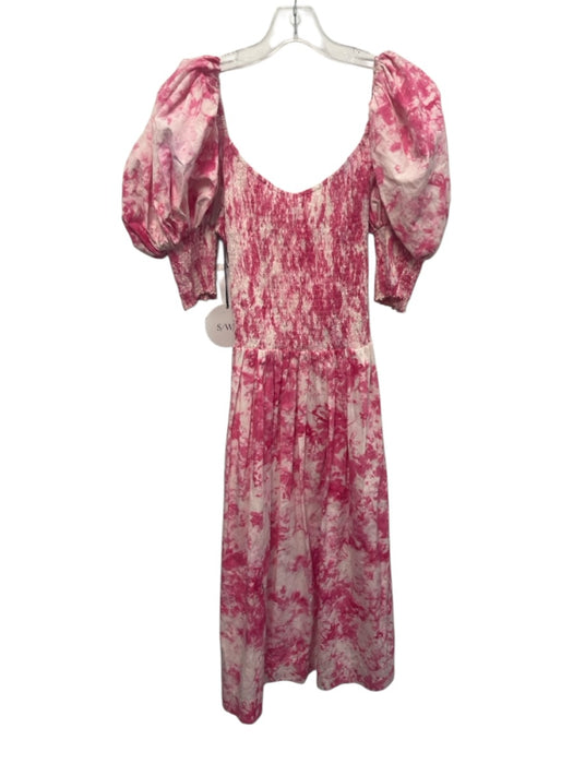 S/W/F Size S Pink & White Cotton Short Puff Sleeve Smocked Bodice Tie Dye Dress Pink & White / S