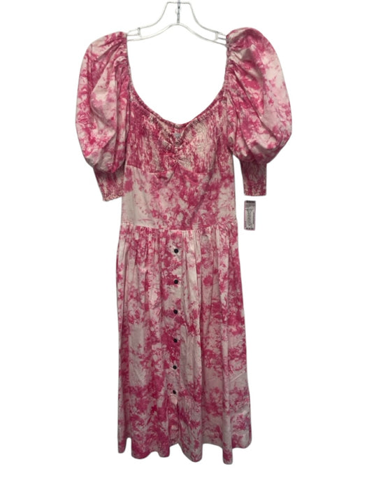 S/W/F Size S Pink & White Cotton Short Puff Sleeve Smocked Bodice Tie Dye Dress Pink & White / S