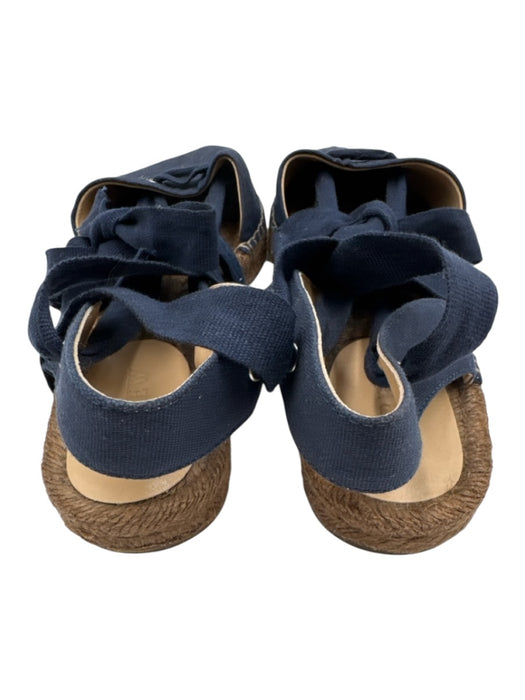 J Crew Shoe Size 9 Navy Blue Canvas Espadrille Ankle Tie Pointed Toe Flats Navy Blue / 9
