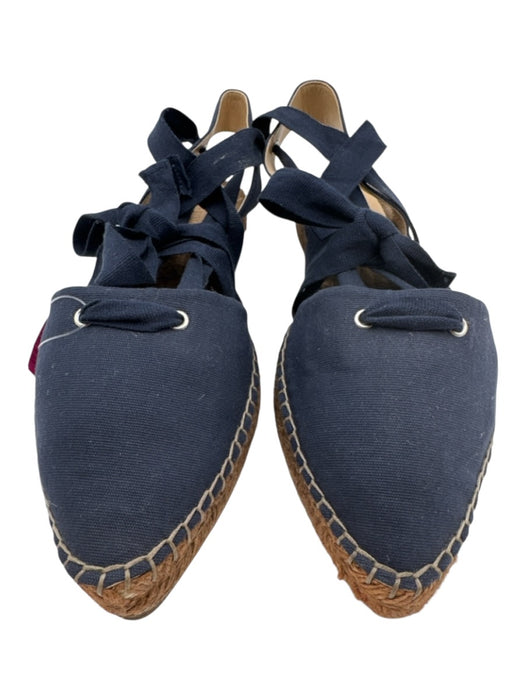 J Crew Shoe Size 9 Navy Blue Canvas Espadrille Ankle Tie Pointed Toe Flats Navy Blue / 9