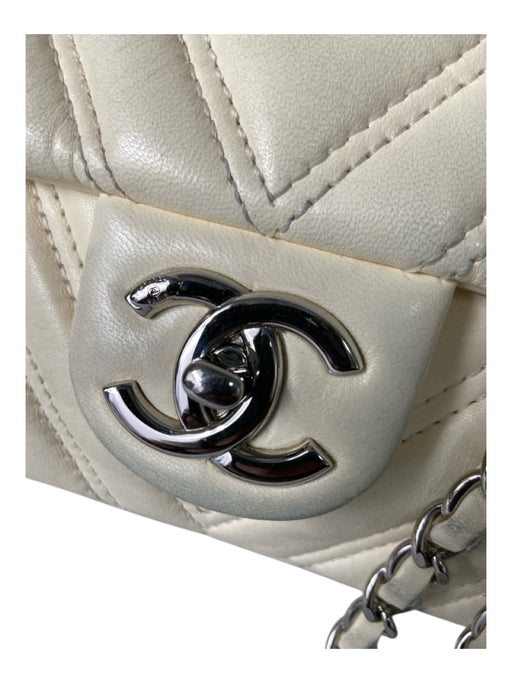 Chanel Cream Lambskin Leather Chevron Flap silver hardware Chain Strap Bag Cream / M