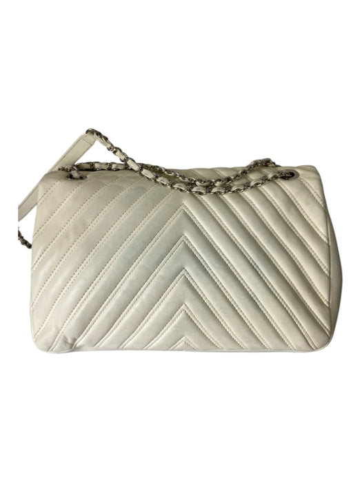 Chanel Cream Lambskin Leather Chevron Flap silver hardware Chain Strap Bag Cream / M