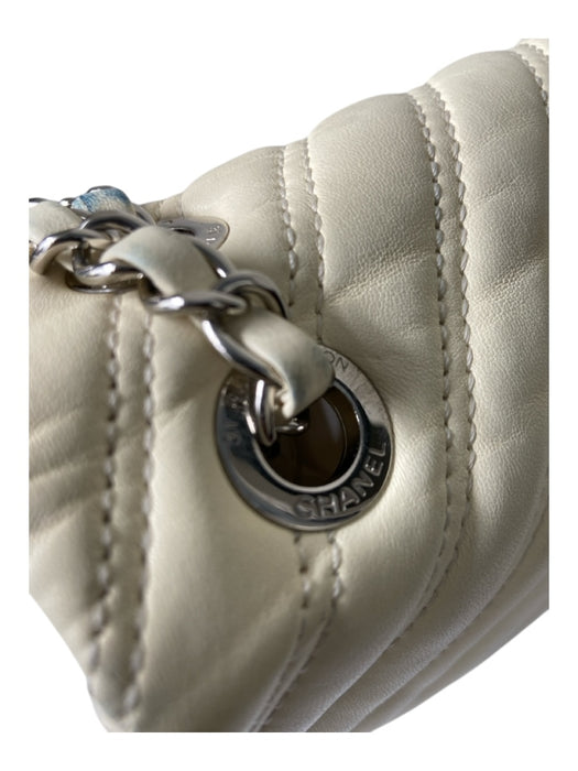 Chanel Cream Lambskin Leather Chevron Flap silver hardware Chain Strap Bag Cream / M