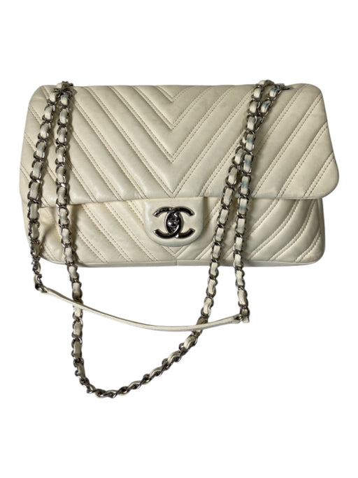 Chanel Cream Lambskin Leather Chevron Flap silver hardware Chain Strap Bag Cream / M