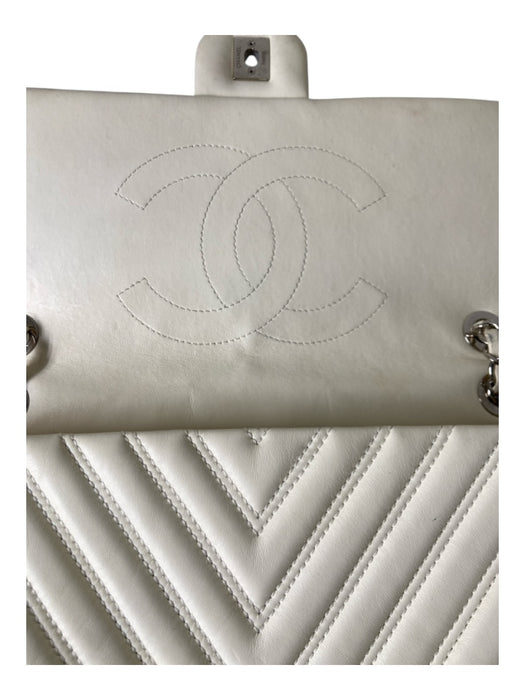 Chanel Cream Lambskin Leather Chevron Flap silver hardware Chain Strap Bag Cream / M