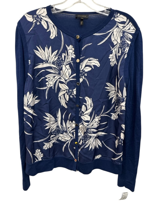 Escada Size M Navy Blue & White Wool & Silk Fabric Block Floral Cardigan Navy Blue & White / M