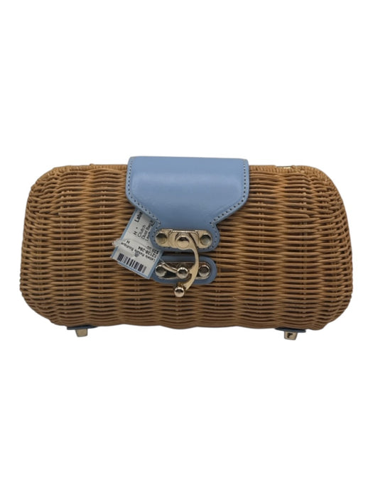 J. McLaughlin Light Blue & Tan Wicker Leather Detail Woven Swivel clasp Clutch Light Blue & Tan