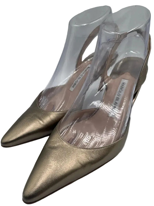 Manolo Blahnik Shoe Size 36.5 Gold Leather Pointed Toe Midi Heel Slingback Pumps