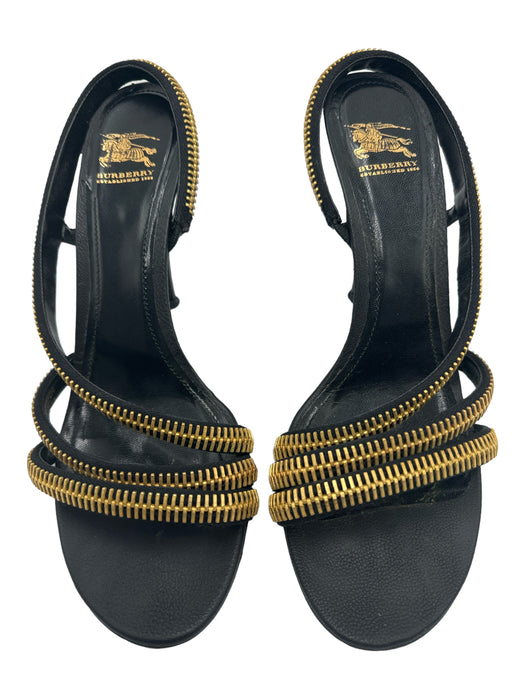Burberry Shoe Size 40.5 Black & Gold Leather Zipper Detail Ankle Strap Pumps Black & Gold / 40.5