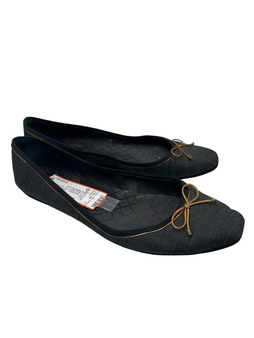 YSL Shoe Size 40 Black Denim Cotton Blend Gold Bow Piping Square Toe Flats Black Denim / 40