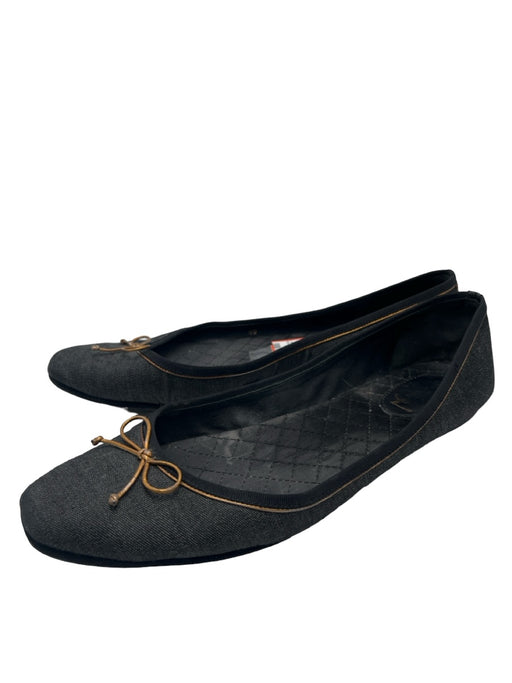YSL Shoe Size 40 Black Denim Cotton Blend Gold Bow Piping Square Toe Flats Black Denim / 40