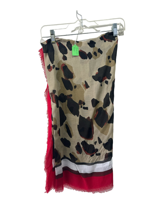 Burberry Red White Beige Cotton & Silk Square Fringe Hem Cheetah Border scarf Red White Beige / L
