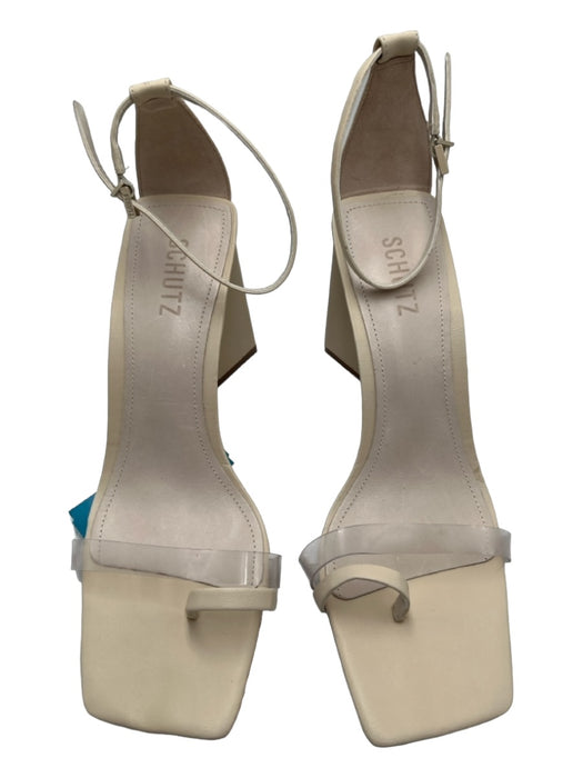 Schutz Shoe Size 9.5 Beige Leather Block Heel Square Toe PVC Toe strap Sandals Beige / 9.5