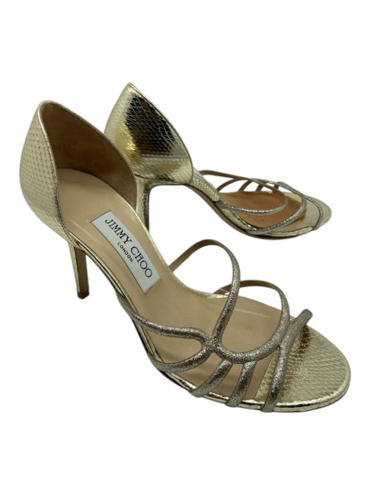 Jimmy Choo Shoe Size 37.5 Light Gold Leather Snake Print Glitter Heel Sandals Light Gold / 37.5