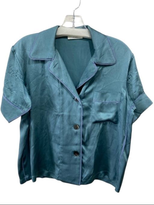 Araks Size Small Teal & Gray Silk Short Sleeve Pocket Button Up & Collar Top Teal & Gray / Small