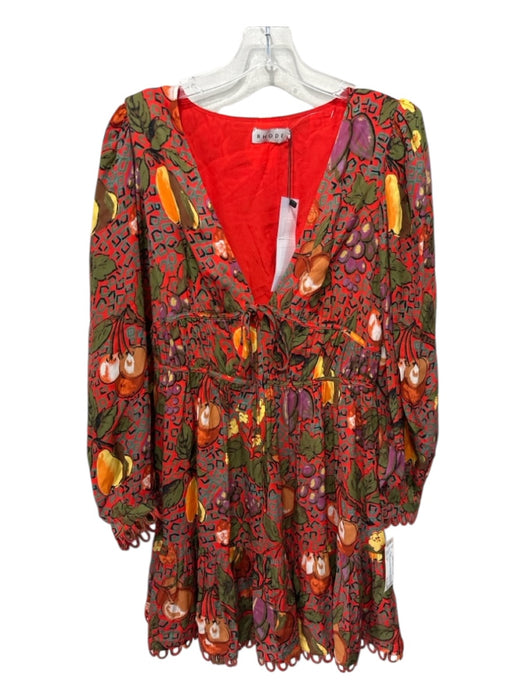 Rhode Size 8 Red & Multi Viscose Long Sleeve V Neck All Over Print Dress Red & Multi / 8